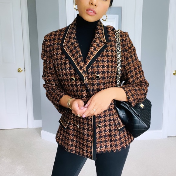 Vintage | Brown and Gold Tweed Double Breasted Houndstooth Blazer - Picture 11 of 13
